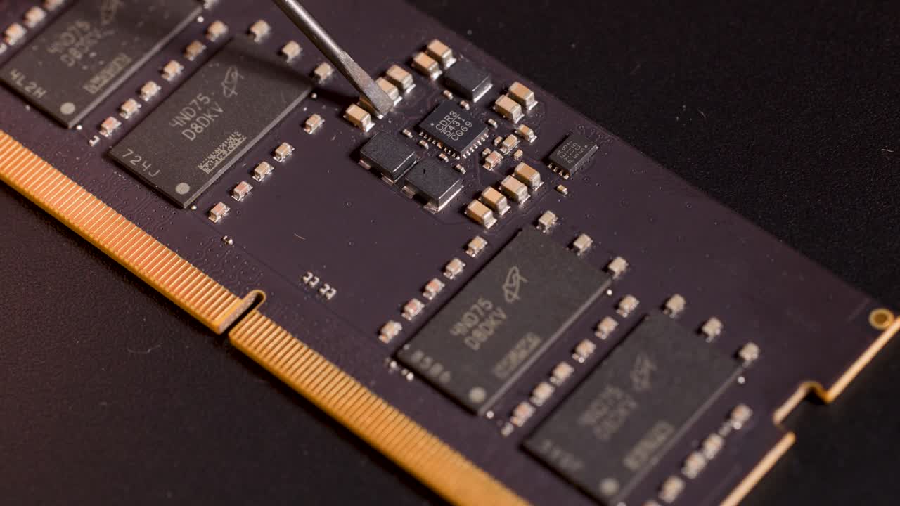 Close-up of metal tool examining microchip on memory circuit board under controlled studio lighting