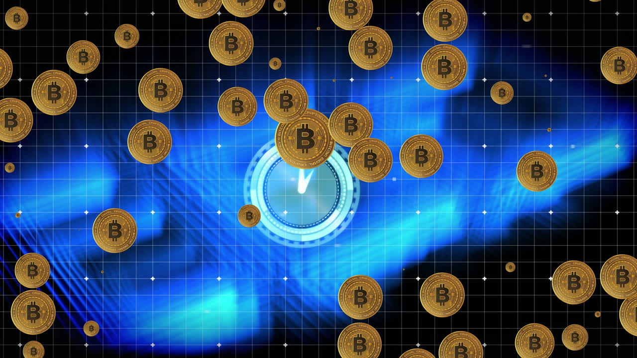 animación de bitcoins en movimiento durante el reloj