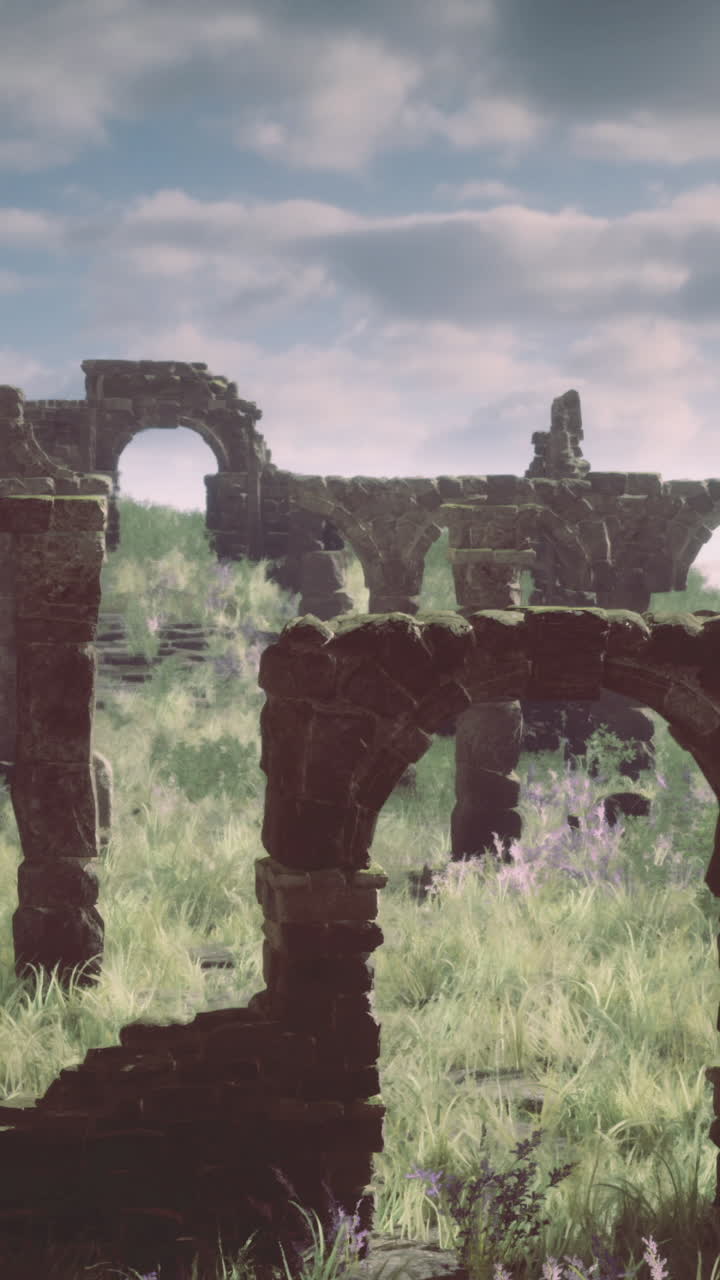 Ancient stone ruins surrounded by lush greenery in a mountainous landscape