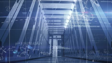 animation of mathematical equations, light spot and data processing against computer server room