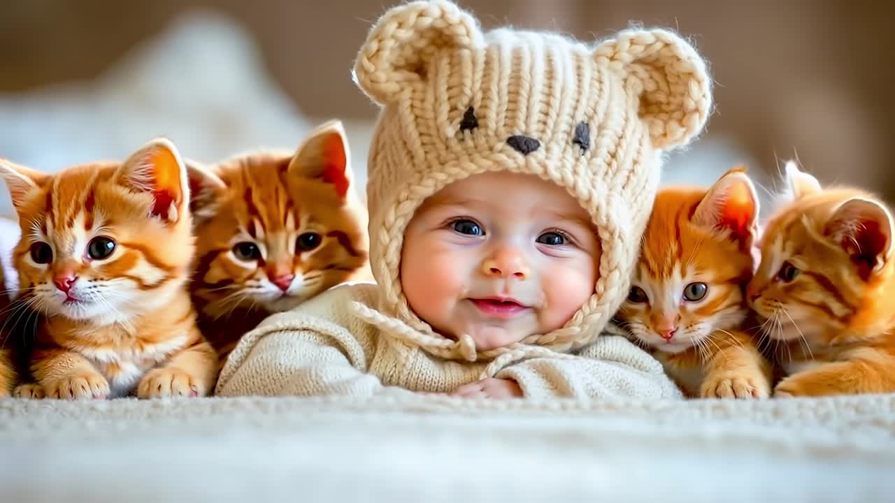 A baby in a knitted hat surrounded by kittens
