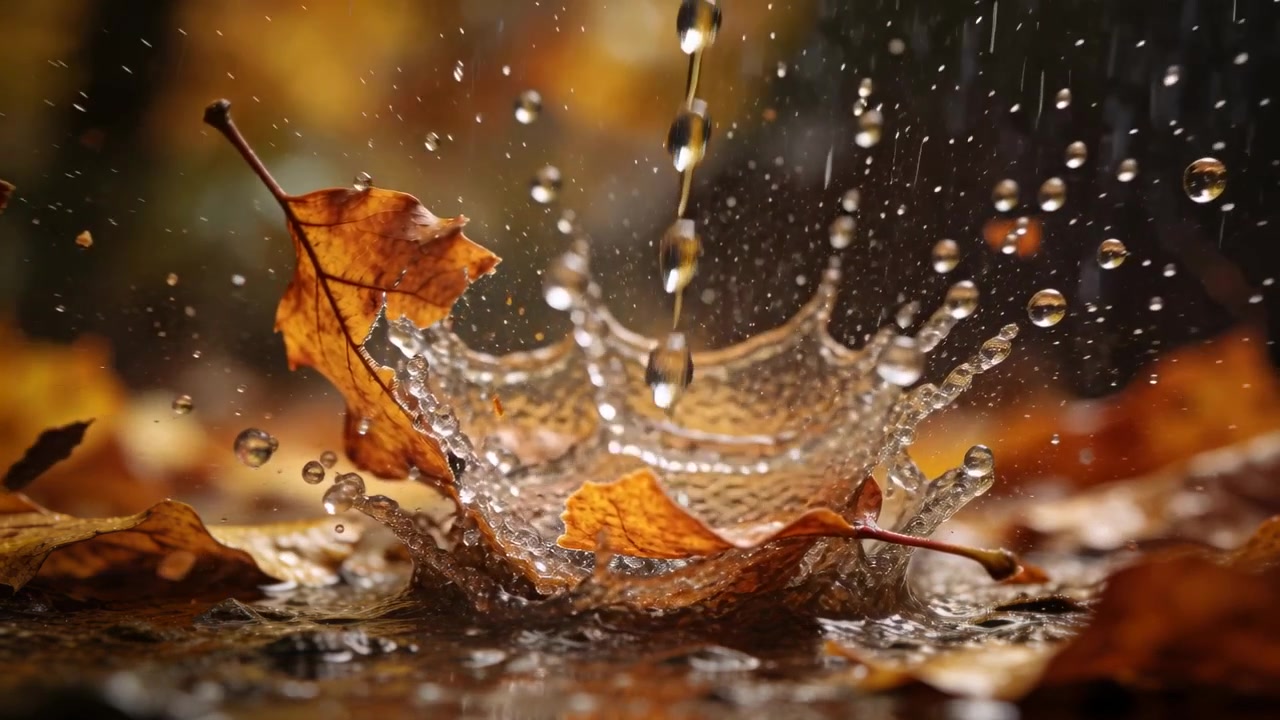 Taking round object and steady rain in shallow puddle, brown maple leaf forming water crown