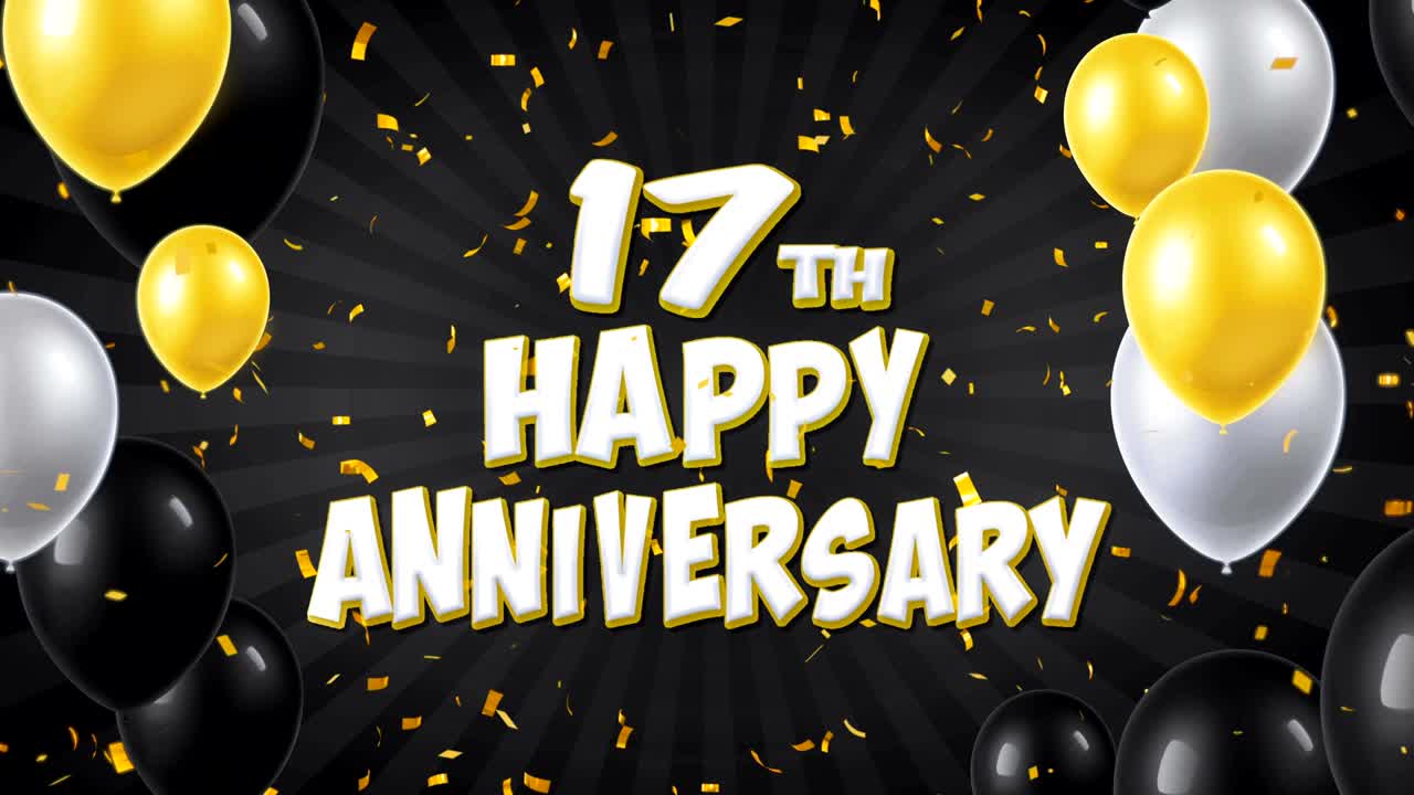 feliz 17o aniversario texto negro con confeti dorado cayendo y partículas de brillo, coloridos globos voladores animación de bucle sin fisuras para el saludo, tarjeta de invitación, fiesta, celebración, festival.