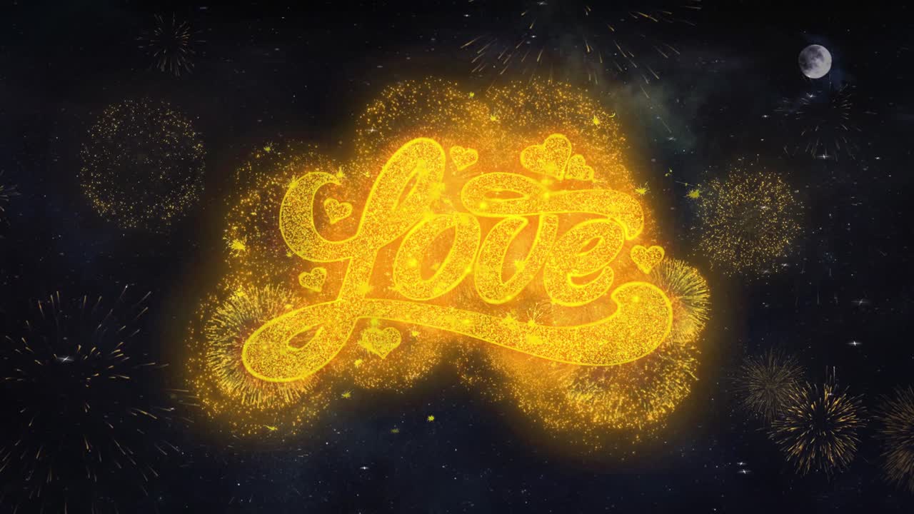 Love text typography reveal from golden firework crackers particles night sky 4k background greeting