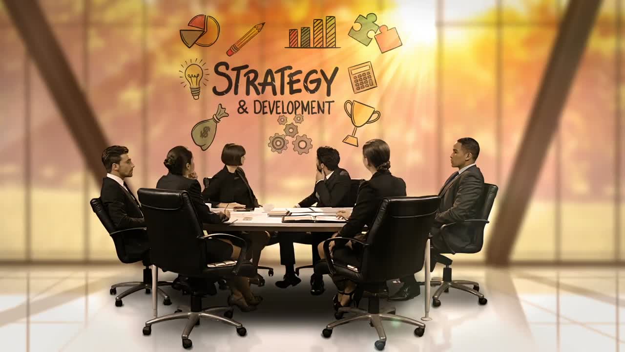 Businesspeople looking at futuristic screen showing strategy and development symbol