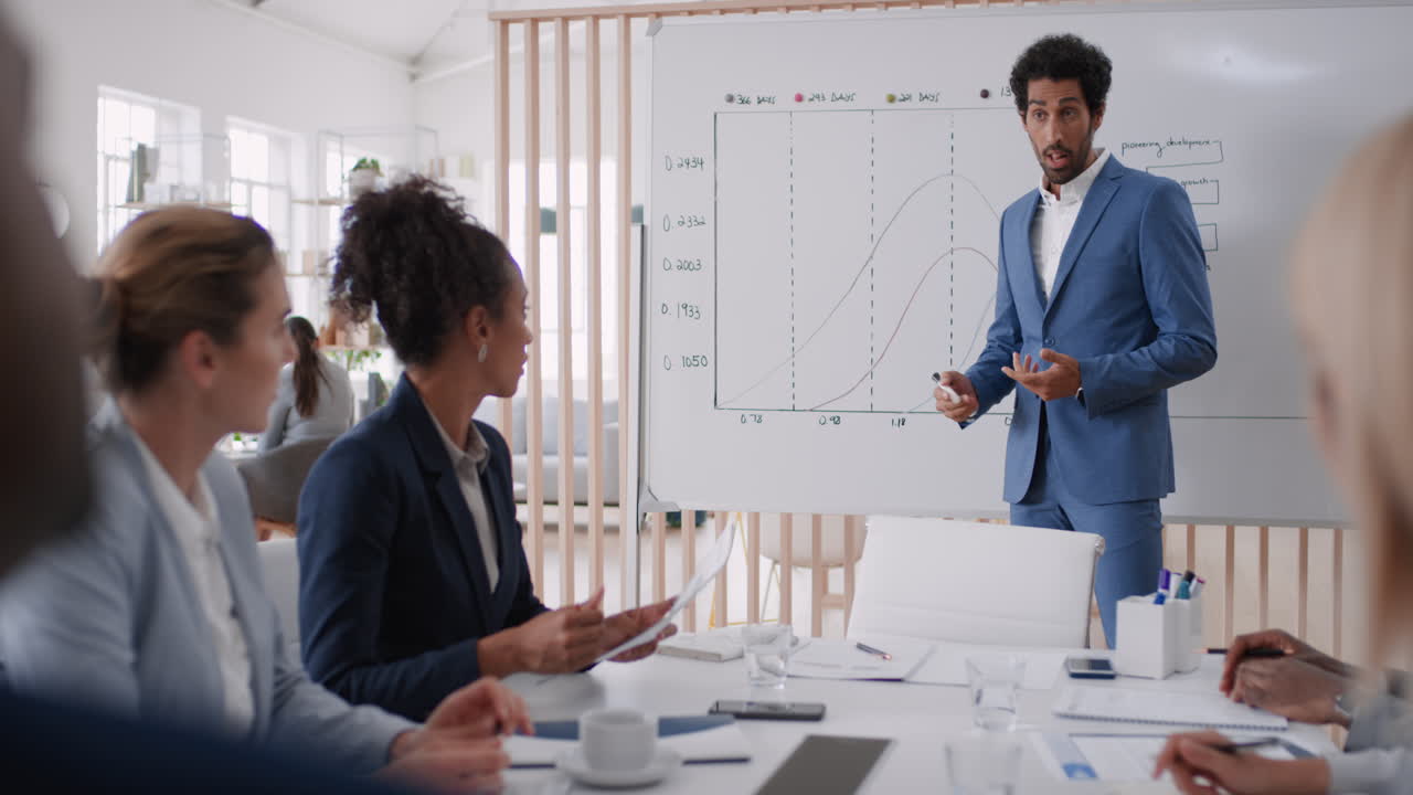 professional businessman team leader presenting financial management strategy to shareholders showing ideas on whiteboard in office presentation