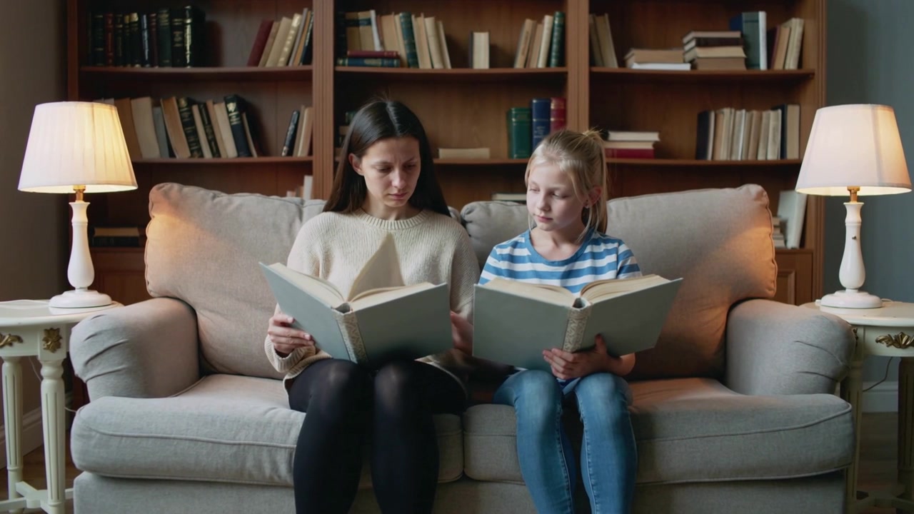 Glancing adult female cream sweater leaning at child, pointing at book helping child read on couch