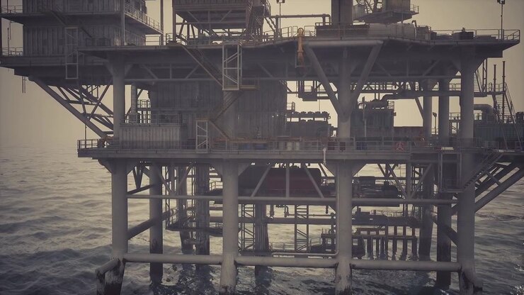 Oil rig structure operating in the ocean during early morning light hours
