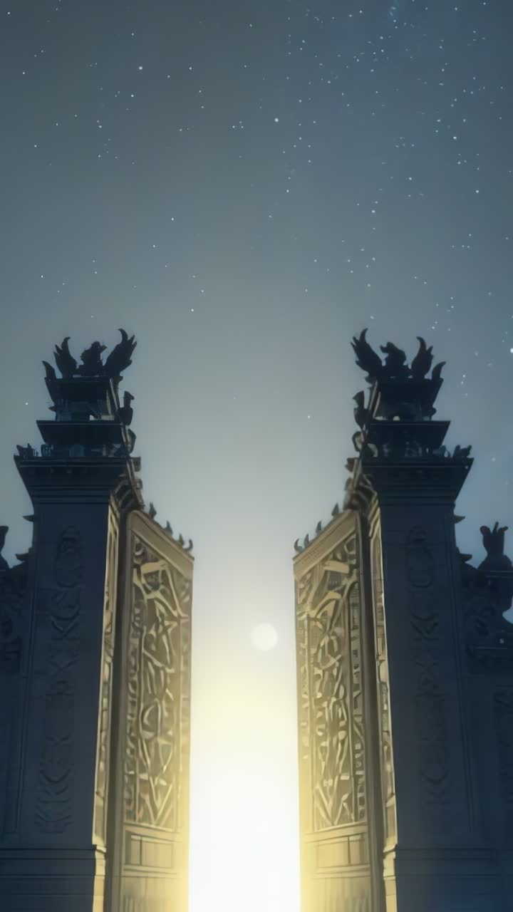 Vertical video: Soft light appearing behind carved temple gates and opening gateway to golden dawn