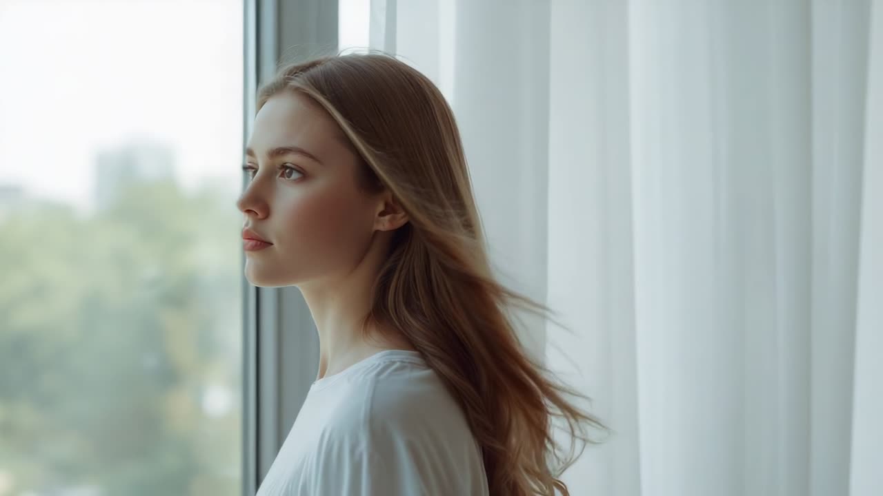 Standing woman wearing white top contemplating tall window, sheer curtain, breeze lifting long hair