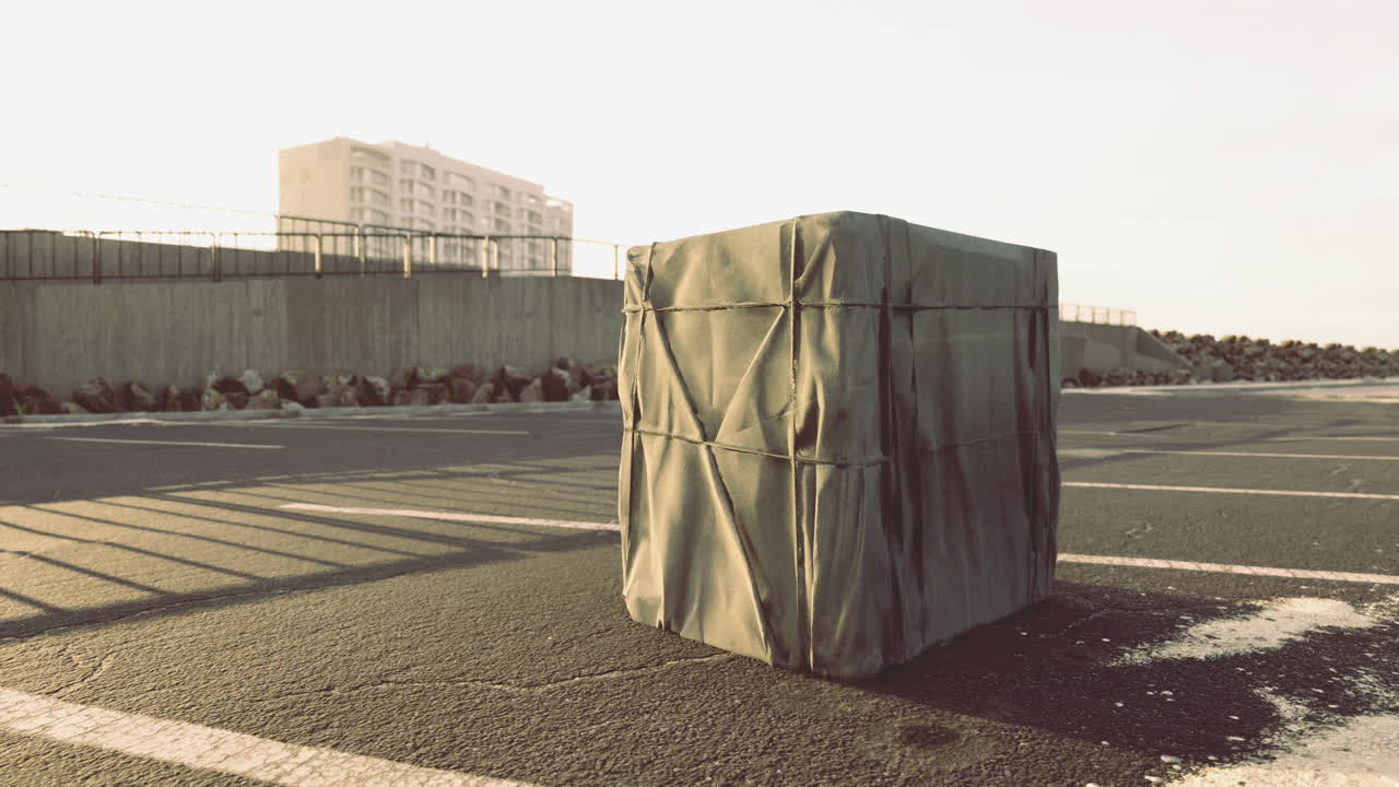 Mysterious package sits alone in empty parking lot at sunset