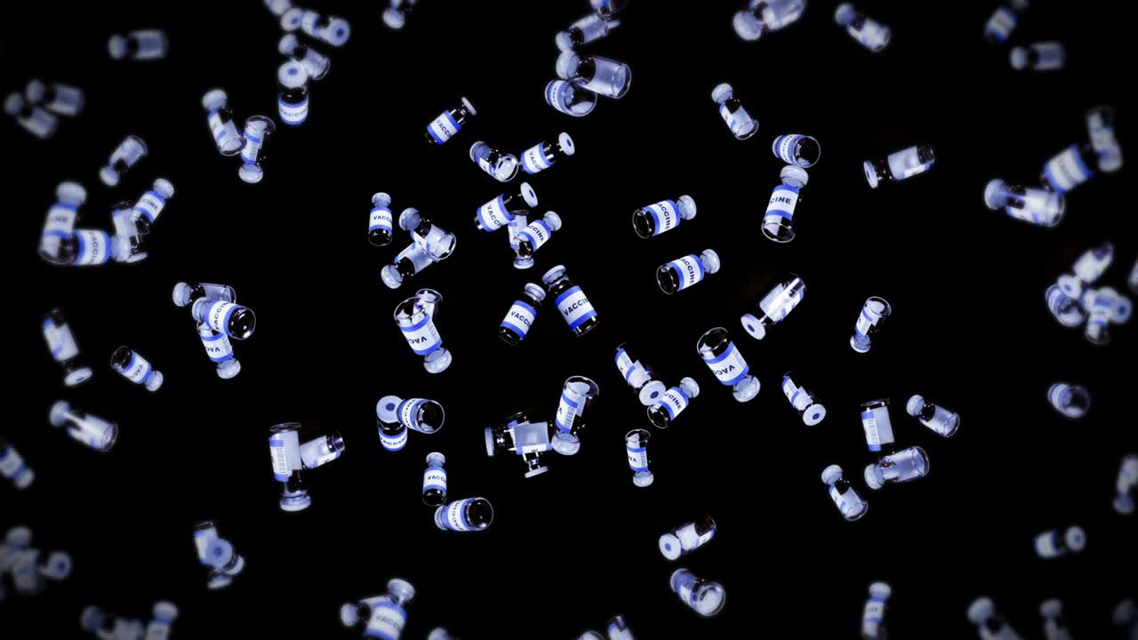 Flying many vaccine bottles on black background. Medical concept. Virus cure. Transparent liquid. 3D loop animation of vaccines.