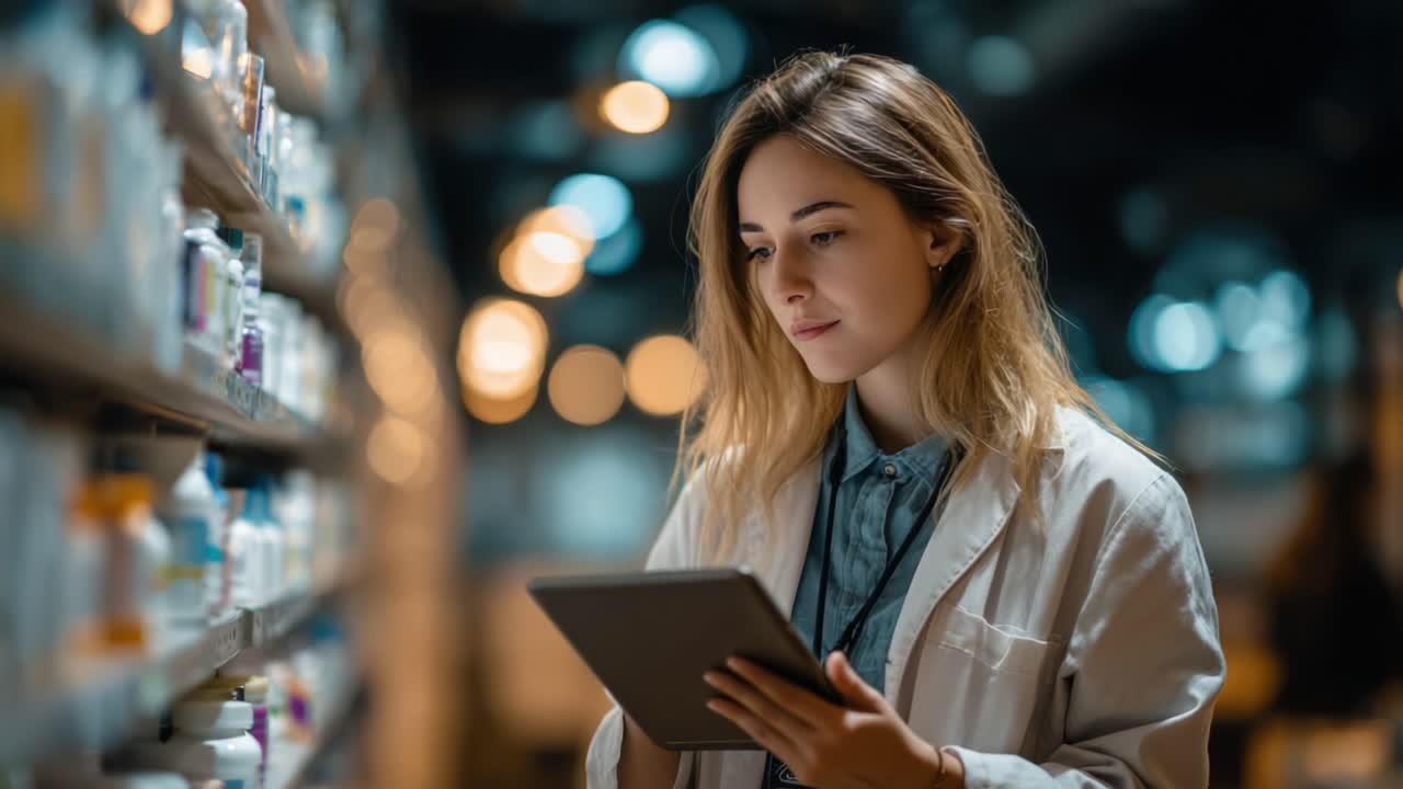 A Focused Pharmacist Analyzing Medication Options and Prescription Details Using a Tablet in a Well-Organized Pharmacy Filled with Various Products