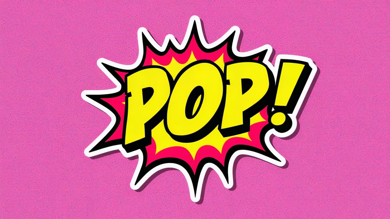 Starting animation revealing comic-style wordmark 'POP!' popping to center with burst and pink rays