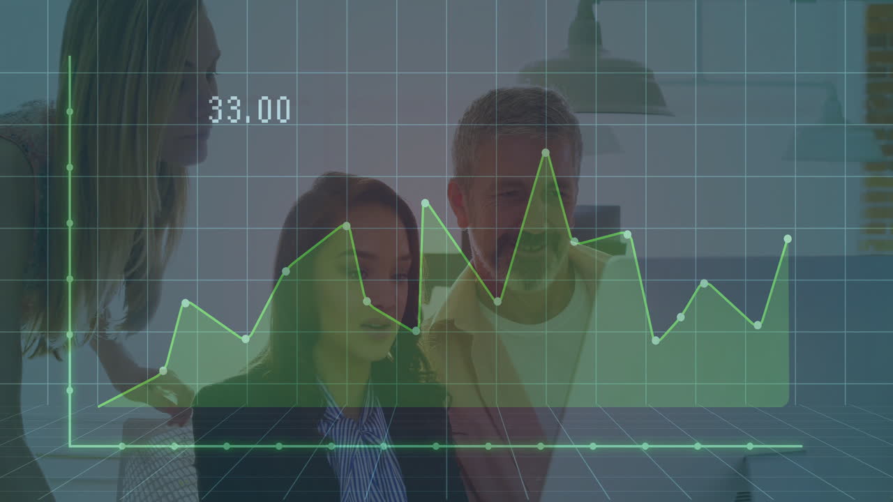 Analyzing financial graph animation, business team collaborating in office setting