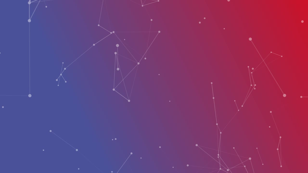 fondo abstracto animado limpio y simple con formas geométricas de plexo plano con puntos aleatorios interconectados por líneas rectas, sobre un fondo degradado rojo y azul brillante