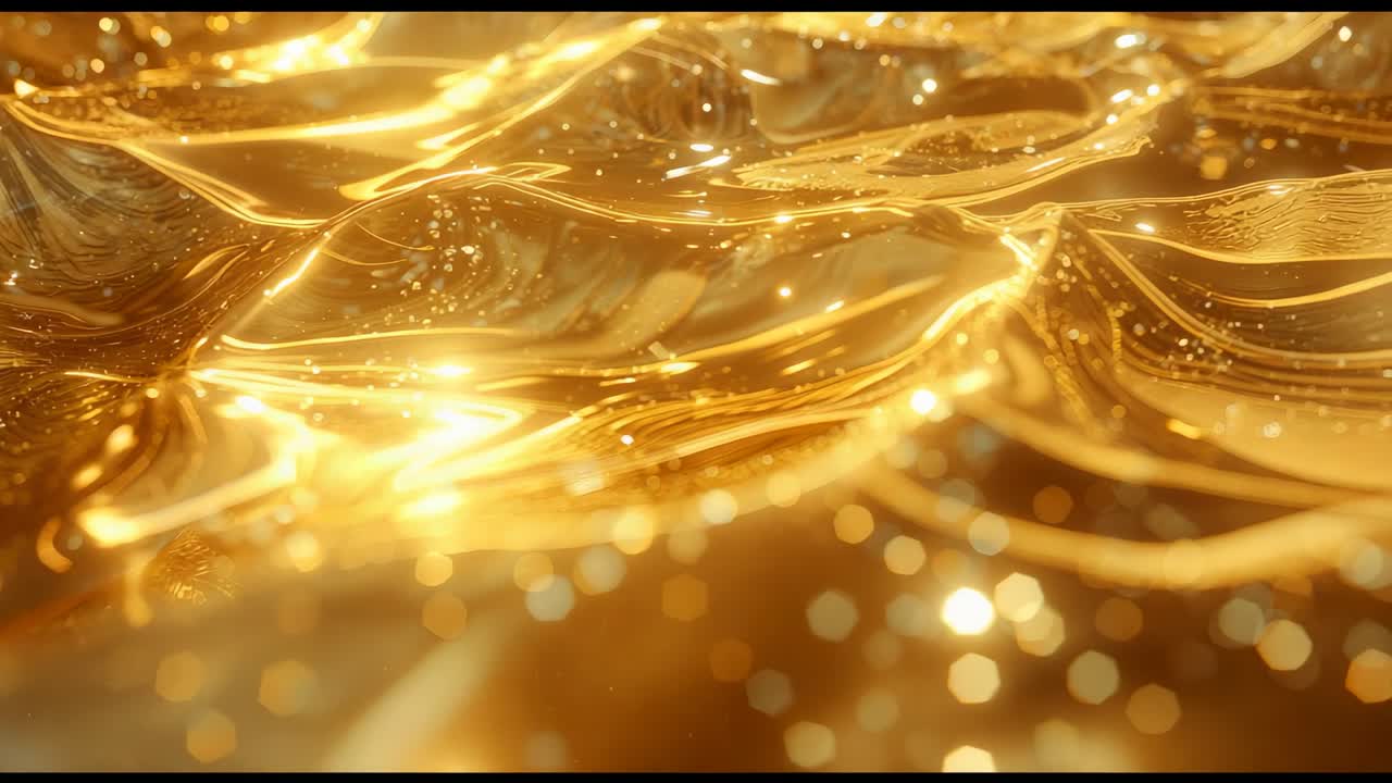 Starting animation of gold surface shimmering waves in abstract space, scattering luminous droplets