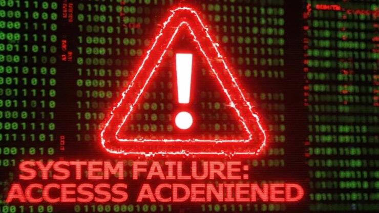 A Glimpse into the Digital Abyss: The Mainframe Displays Rows of Binary Data Followed by a Warning Sign Indicating System Failure and Impending Crisis