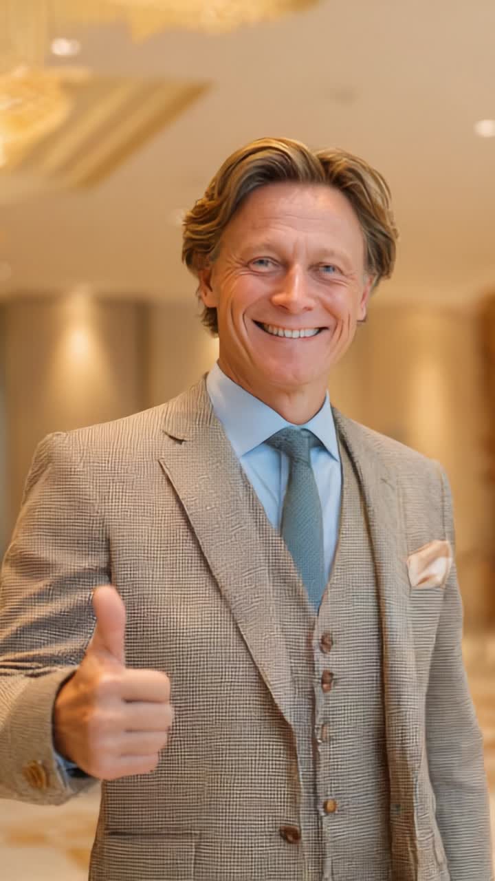 A Confident Businessman in a Stylish Suit Gives a Thumbs-Up Gesture, Reflecting Positivity and Professionalism in an Elegant Indoor Setting