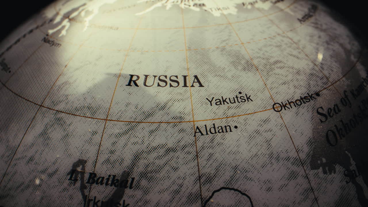 Close-up of a world map focusing on Russia