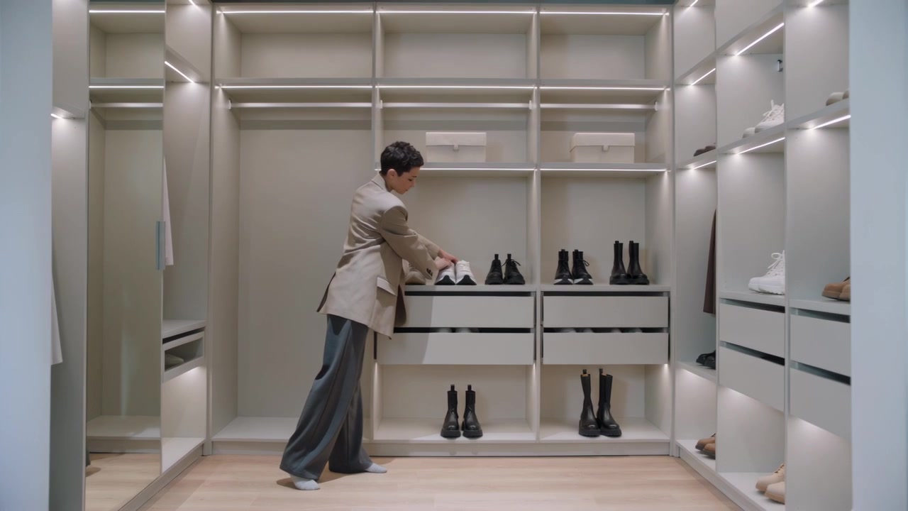 Uomo in blazer beige che tiene in mano delle sneakers bianche, mentre organizza le scarpe su uno scaffale nell'armadio, accanto a stivali neri.