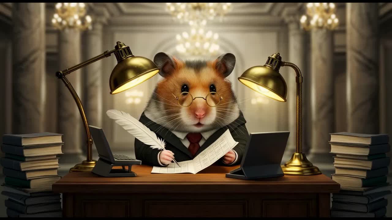 Hamster in a suit working at a large desk in a grand office setting, taking on the role of a business professional