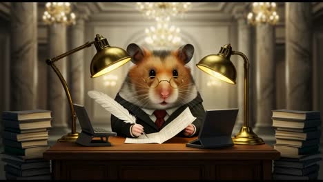 hamster in a suit working at a large desk in a grand office setting, taking on the role of a business professional