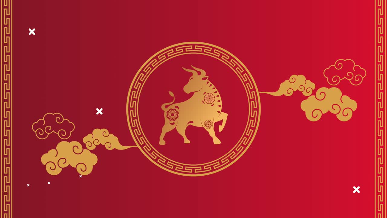 feliz año nuevo chino con buey dorado y nubes