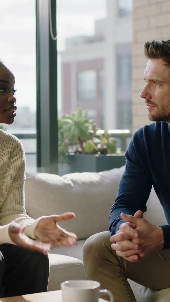 Vertikal video: Starter samtale, kvinde i cremefarvet sweater læner sig frem, gestikulerer i stuen for at understrege pointer