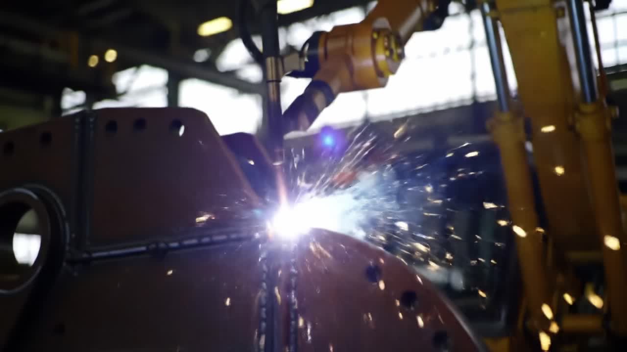 Advanced Robotic Welding Process Captured: Spark and Precision in Metal Fabrication as a Robotic Arm Executes Perfect Joints with High-Intensity Arc Welding Techniques