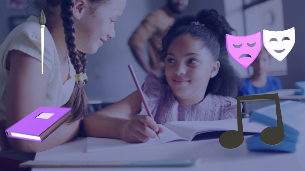 Braided girl leaning, writer writing, both smiling, offering help, book mask icons floating, school
