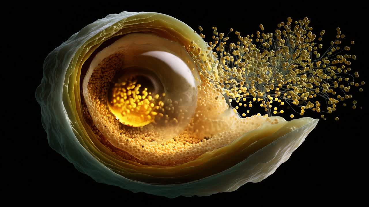Intricate Visualization of a Cellular Structure Revealing the Complex Interactions of Its Membrane, Nucleus, and the Dynamics of Particle Release from Its Surface