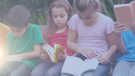 animación de un sendero de luz sobre diversos escolares leyendo libros