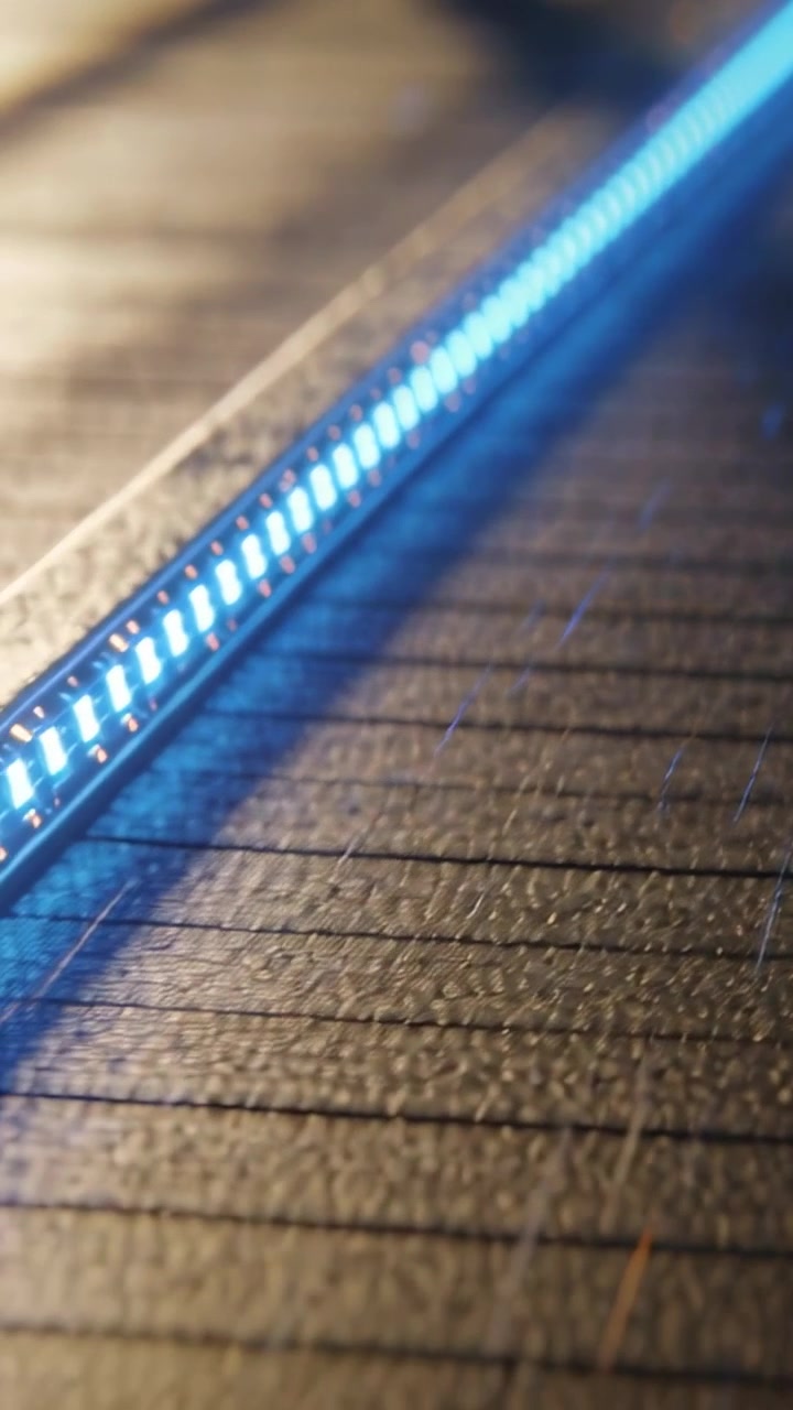 Video verticale: Striscia luminosa a LED blu brillante che proietta riflessi su una terrazza in legno bagnata sotto una pioggia costante.