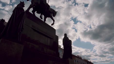 Statue-of-Saint-Wenceslas-silhouette,-Prague,-Czech-Republic,-oblique-low-angle