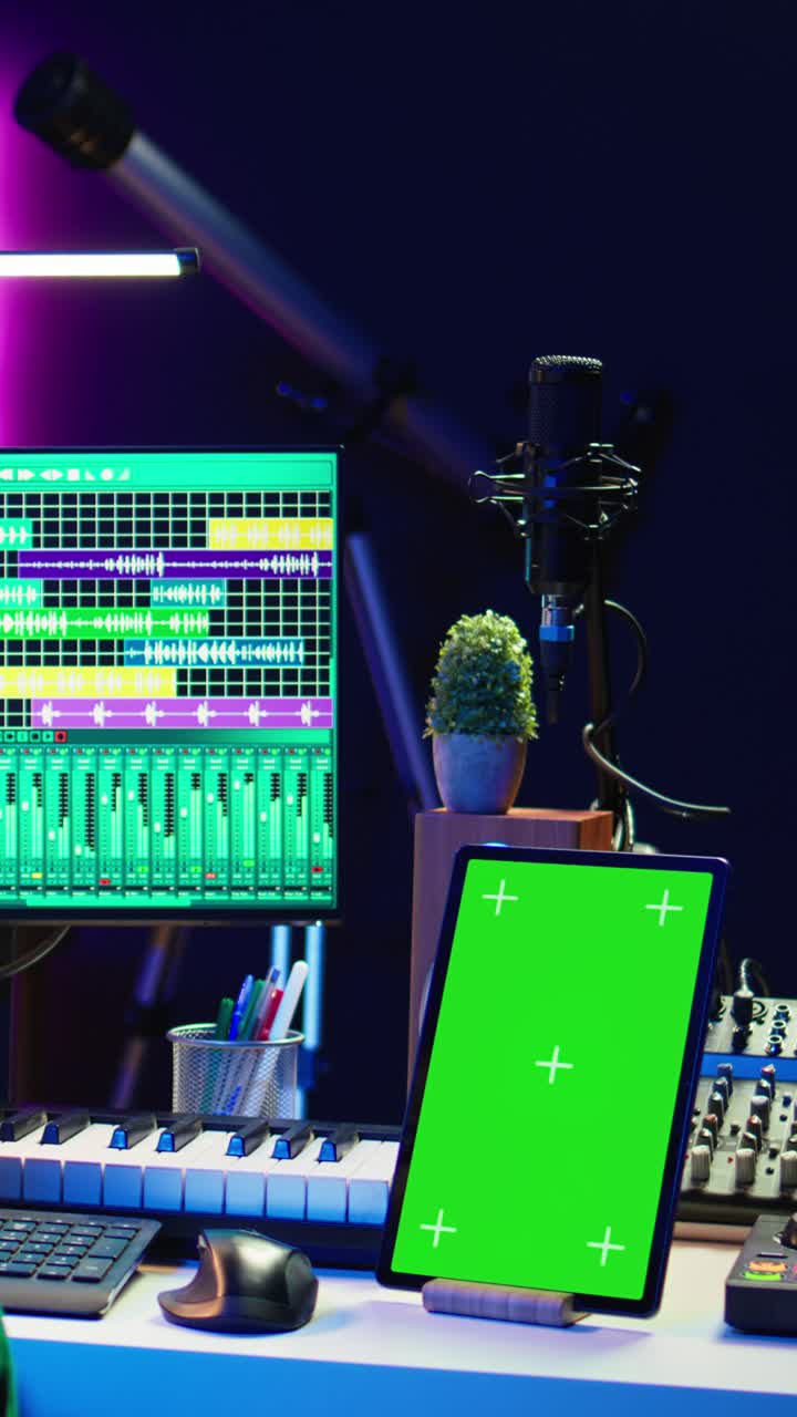 Studio di produzione musicale con tablet e DAW con green screen