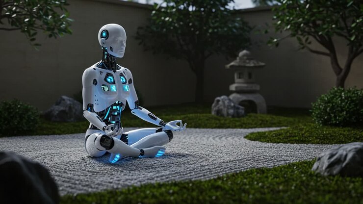 Un robot tranquillo che medita in un giardino sereno, che mostra un'armonia tra tecnologia e natura attraverso un'estetica futuristica e rilassante