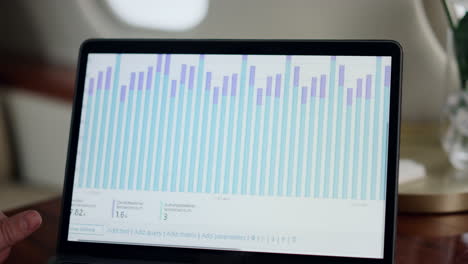 Closeup-laptop-finance-chart-on-airplane.-Business-analyst-hands-typing-computer