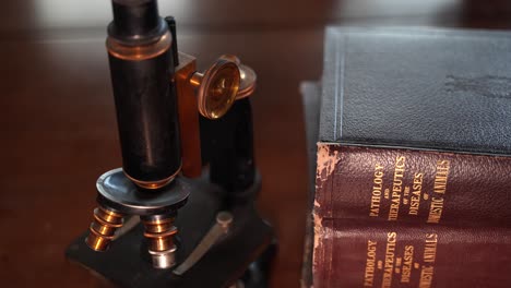 An-antique-microscope-and-old-medical-pathology-books-for-domestic-animals---doctor-veterinarian's-office-desk
