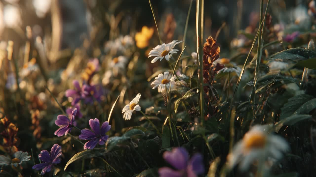 Un prato vibrante bagnato dalla luce del mattino che mostra uno splendore di fiori selvatici colorati scintillanti di rugiada, creando un'esperienza di paesaggio naturale tranquillo e sereno.