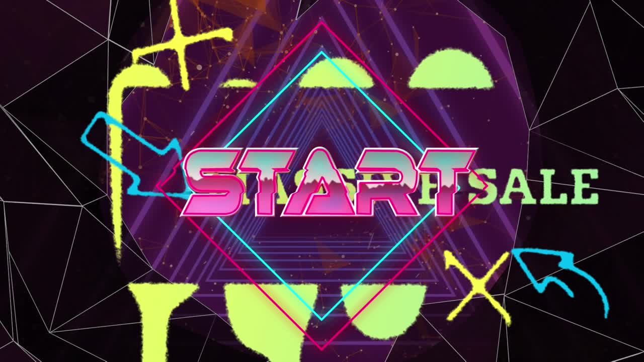 Animazione di un banner con testo "Start" e forme astratte colorate su forme al neon in un motivo continuo