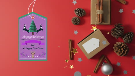 animación de feliz navidad y feliz año nuevo texto en etiqueta sobre decoraciones en fondo rojo