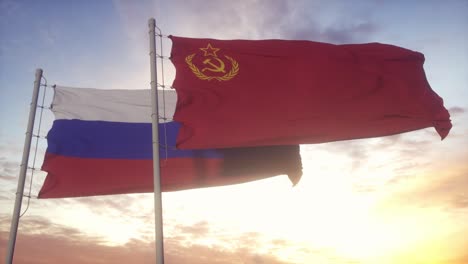 urss soviet union and russia flag waving at wind at sunset