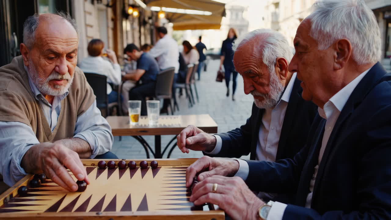 Elderly Men Playing Backgammon in Outdoor Cafe