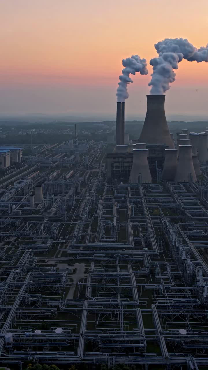 Aerial view of an industrial complex at sunset, showcasing cooling towers and intricate piping