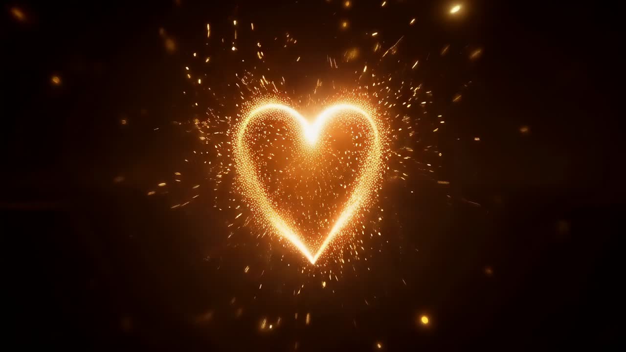 Spinning golden particle ribbons tightening into glowing heart at center, emitting dense spark halo