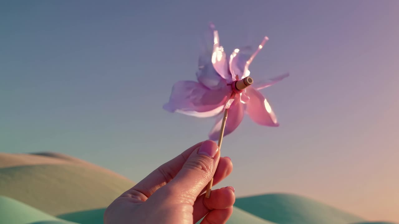 Pastel bir gökyüzüne karşı pembe bir rüzgar gülünü tutan bir elin rüya gibi bir atmosfer uyandıran yakın, alçak açılı çekimi.