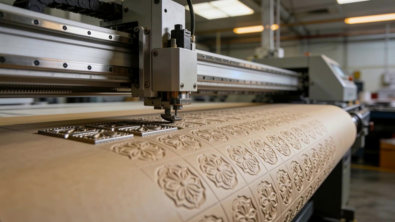 Et CNC-portalhoved til prægning bevæger sig, mens materialet føres frem på fabrikken, og laver blomsterfliser på en kraftrulle.