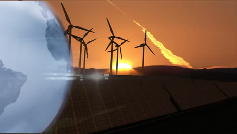 animation of globe over wind turbines in countryside