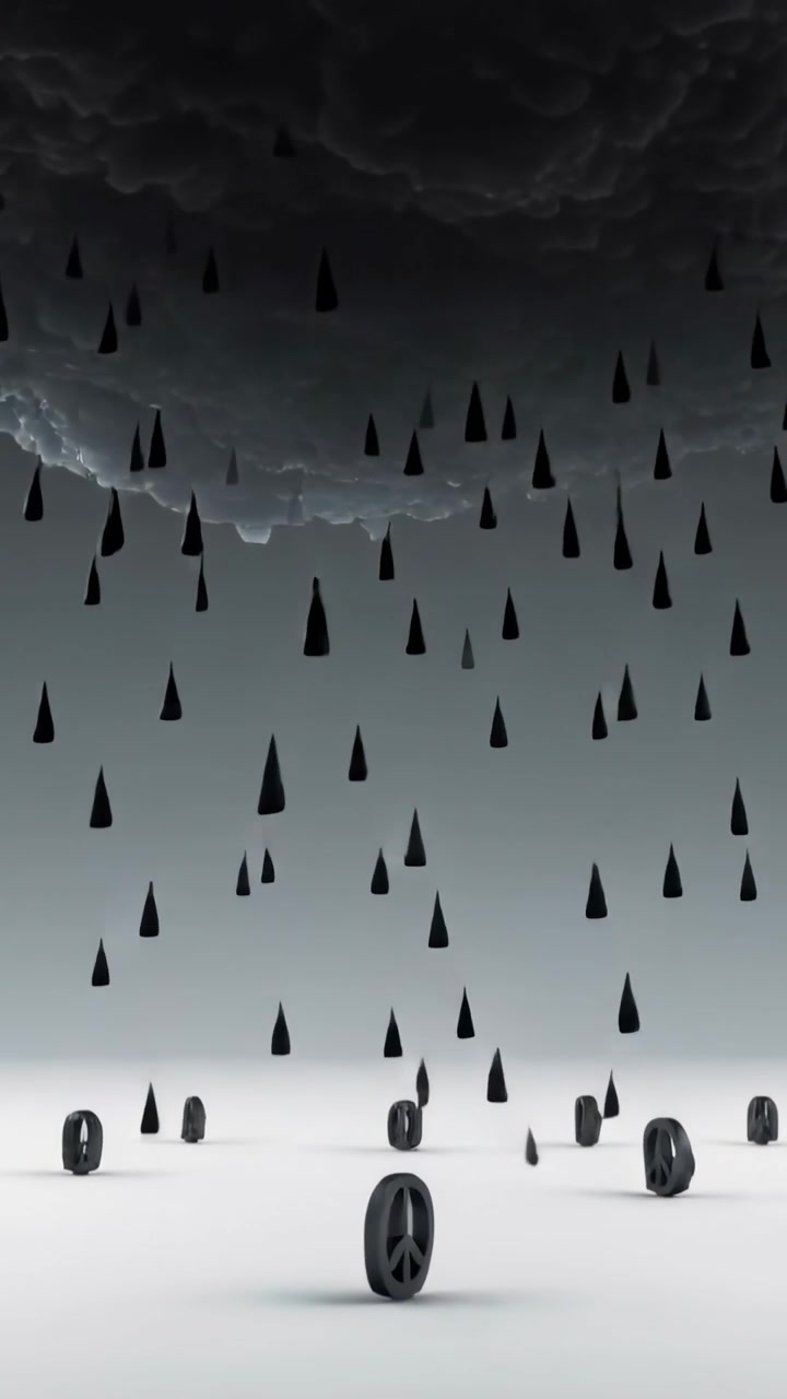 Video verticale: Coni che cadono da una nuvola temporalesca su una pianura, anelli di pace che appaiono su punte.